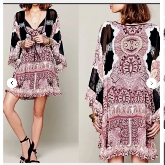 FREE PEOPLE Marla Dreams Paisley/Floral Printed Chiffon Mini Dress Ruffle Hem - Picture 2 of 7